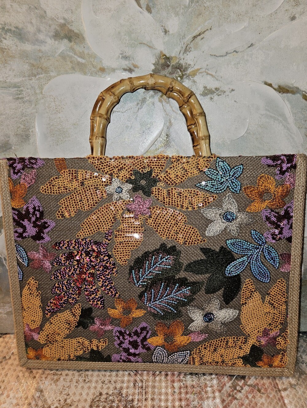 Embroidered Floral Sequin Tote Bag with Bamboo Handles - Brown & Gold Floral